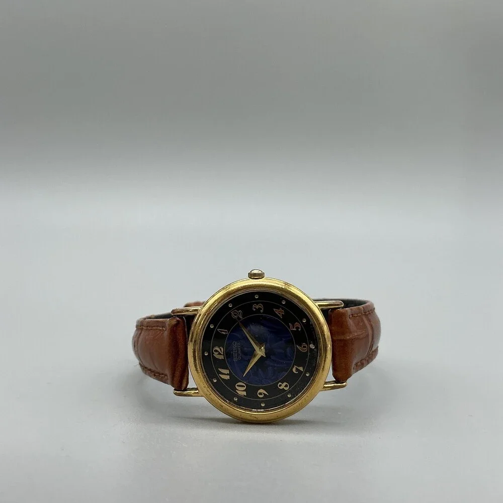Vintage Seiko Womens Watch 26mm Blue Floral Dial Leather 1N00-0059 New Battery